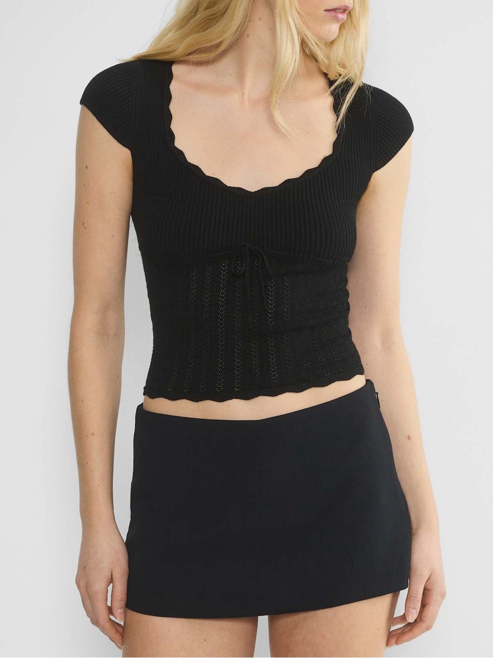 Wilfred Aritzia Soloist Black Pointelle Knit Babydoll Top Coquette Y2K M NWT